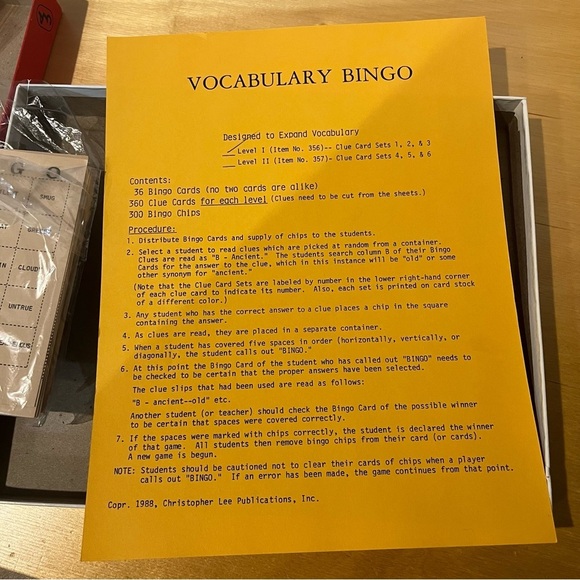 Vocabulary Bingo Games Level 1 And 2 Education Learning Elem-Upper Grades 1988 - Picture 3 of 8